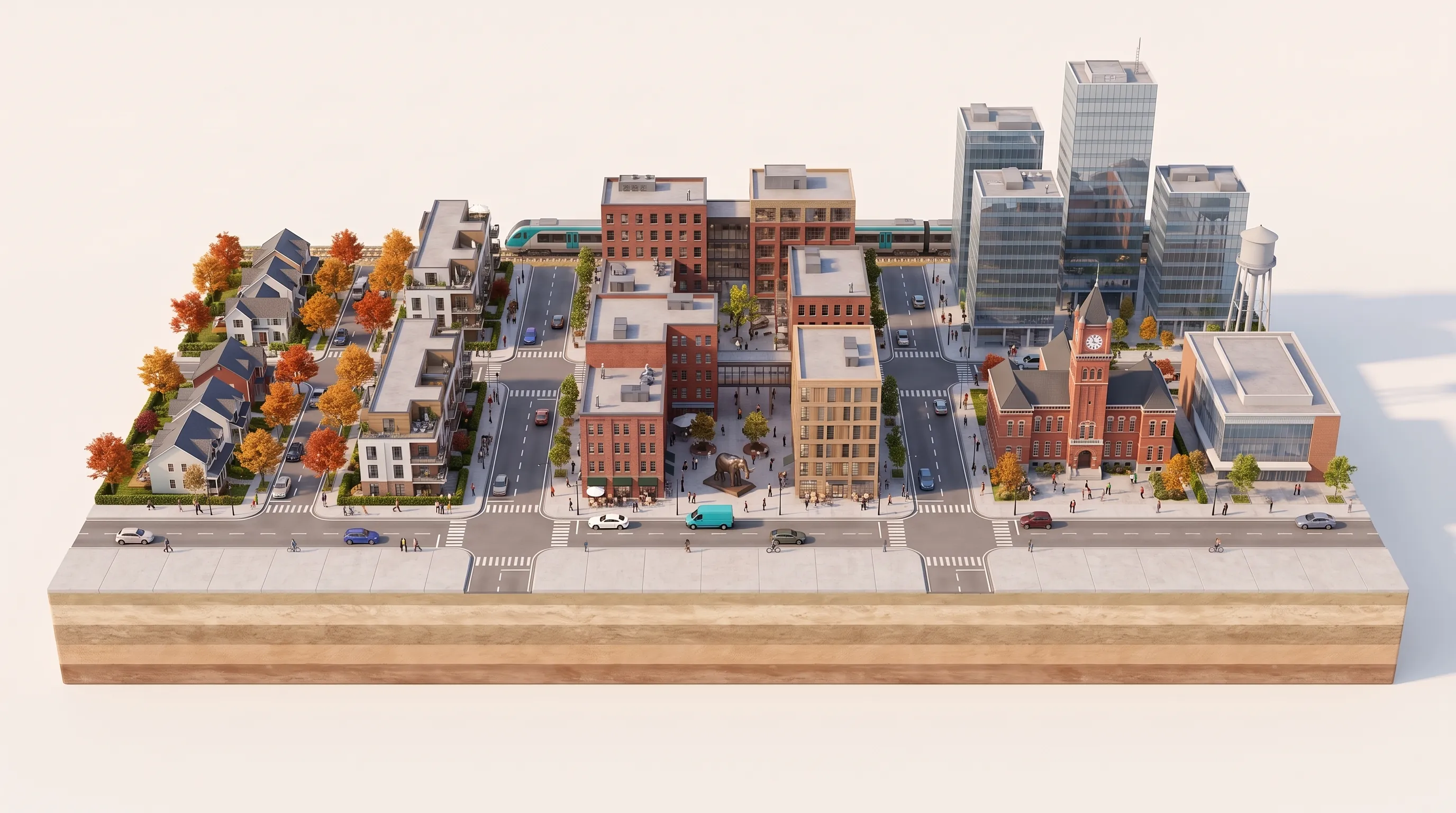 A miniature model of a city neighbourhood: houses and condos on the left, brick shops around a plaza with an elephant statue in the middle, a clock-tower town hall and glass office towers on the right.