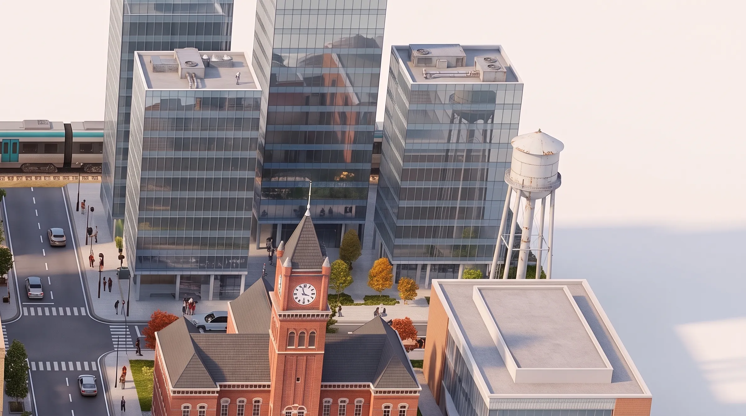 Close-up of the model: a clock-tower town hall in front of glass office towers.