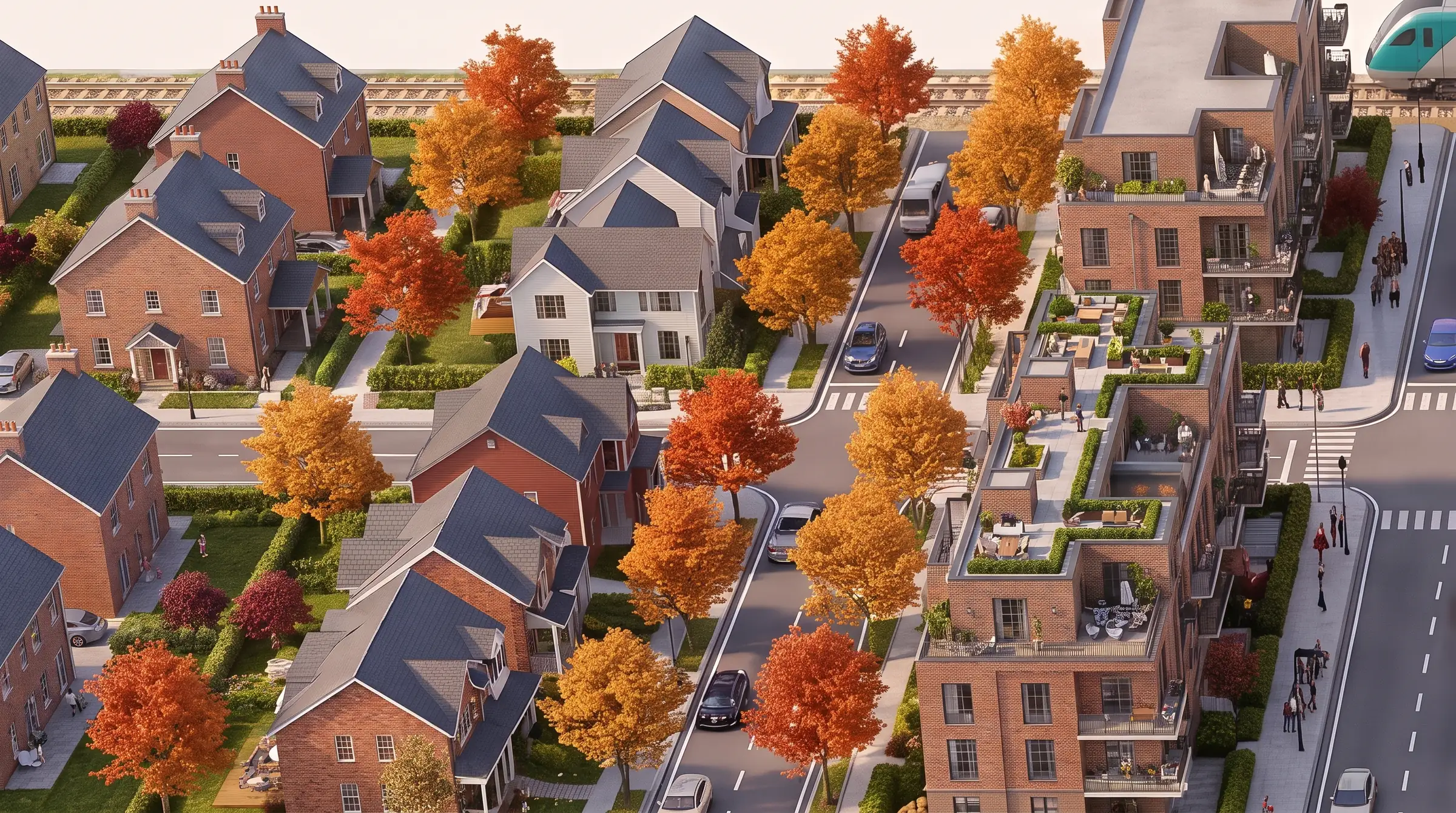Close-up of the model: houses with autumn trees and a row of condos along a quiet street.