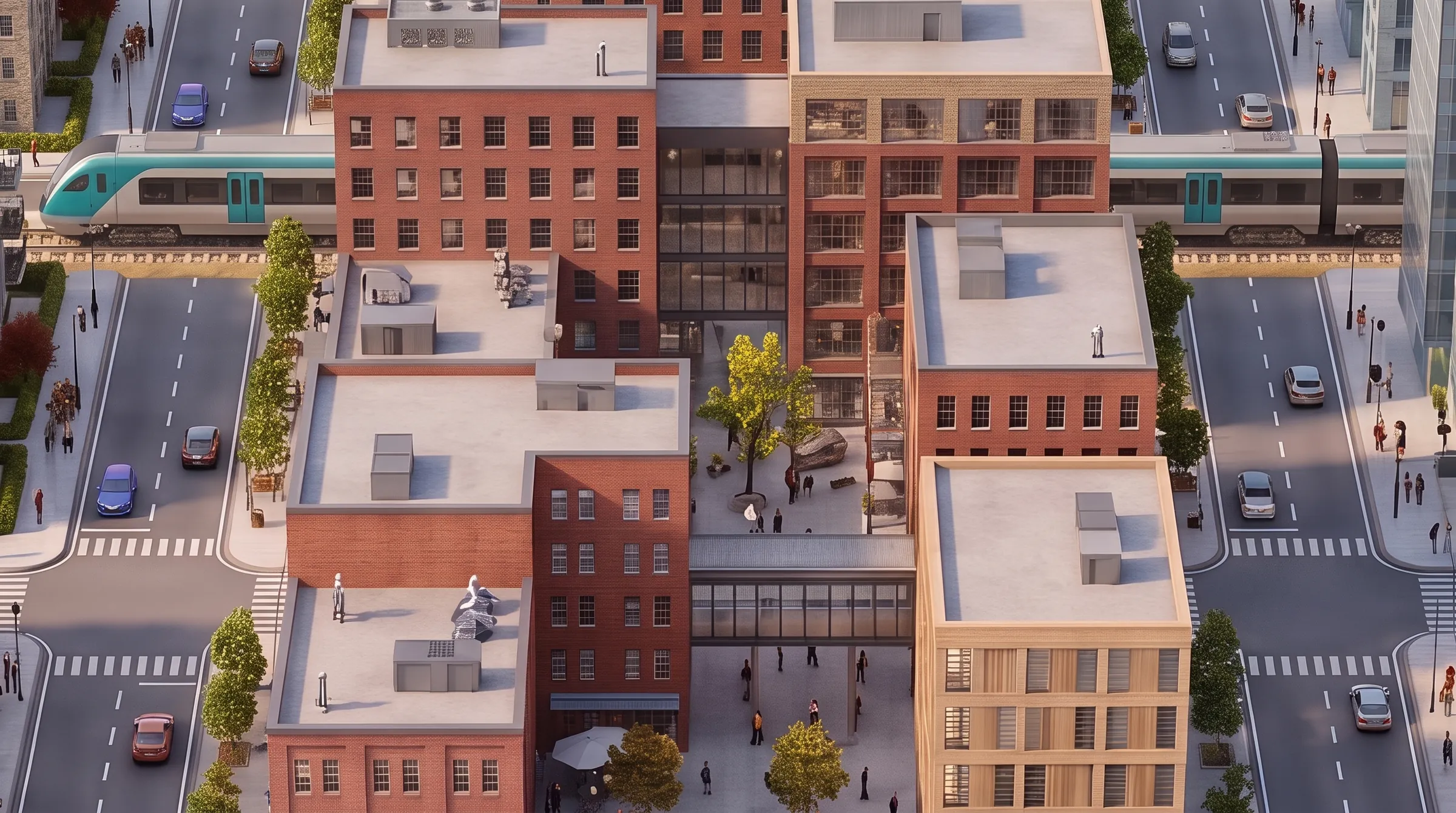 Close-up of the model: brick shops and offices around a plaza with an elephant statue.